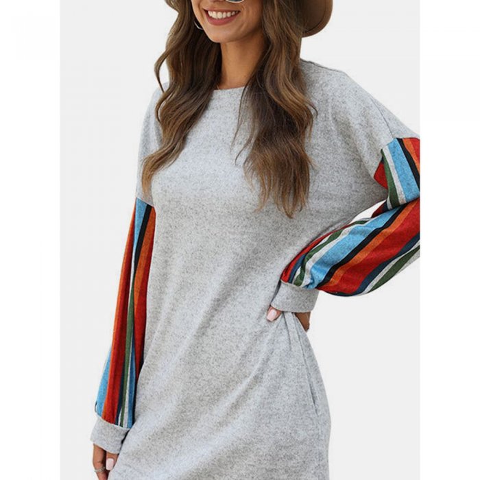 Striped Patch Print Pockets Long Sleeve Casual Dress