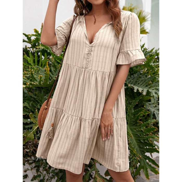 Women Solid V-neck Knotted Button Half Sleeve Casual Dress