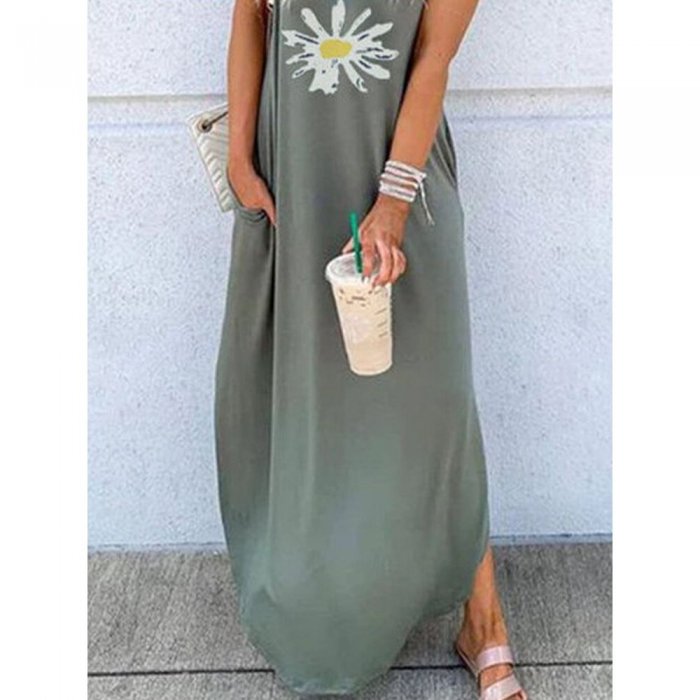 Flower Print Sleeveless Casual Maxi Dress For Women