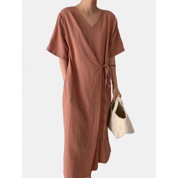 Solid Color Bandage Short Sleeve Casual Maxi Dress For Women