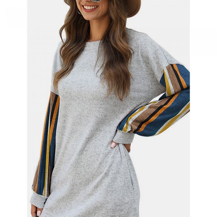 Striped Patch Print Pockets Long Sleeve Casual Dress