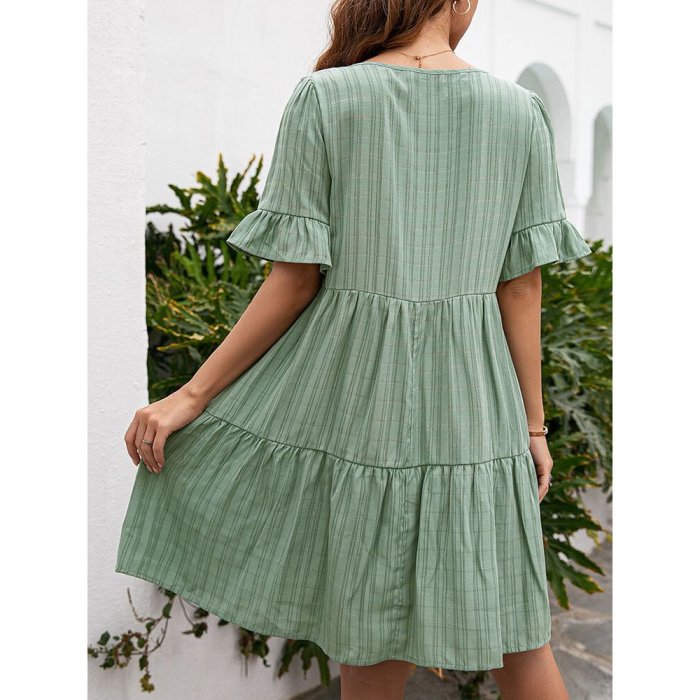 Women Solid V-neck Knotted Button Half Sleeve Casual Dress