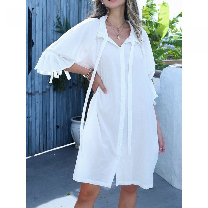 Solid Pleated O-neck Half Sleeve Button Knotted Casual Dress