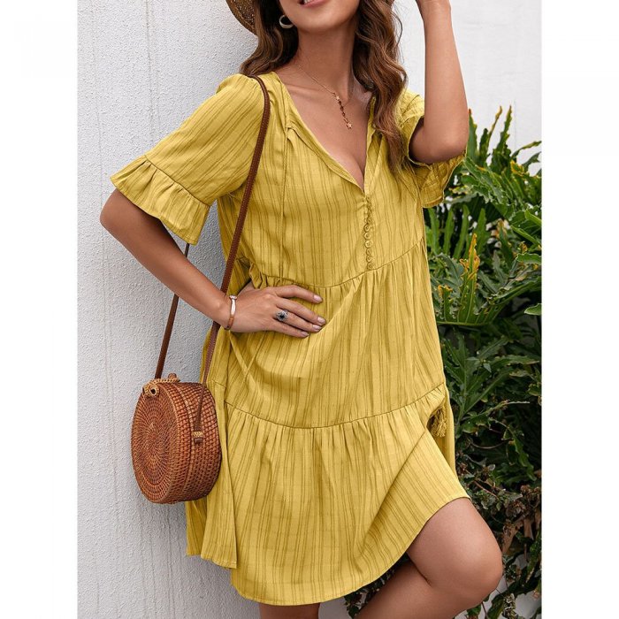 Women Solid V-neck Knotted Button Half Sleeve Casual Dress