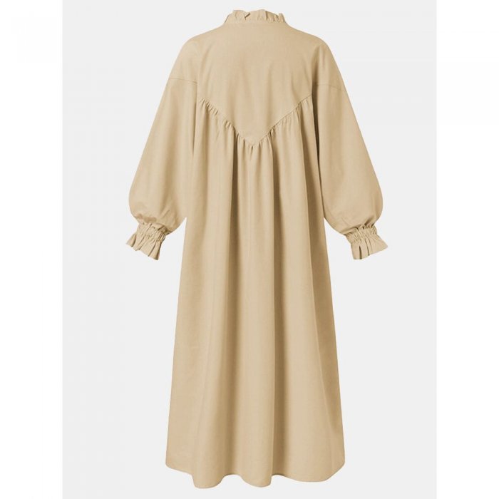 Women Solid Color Stand Collar Button Long Sleeve Casual Dress