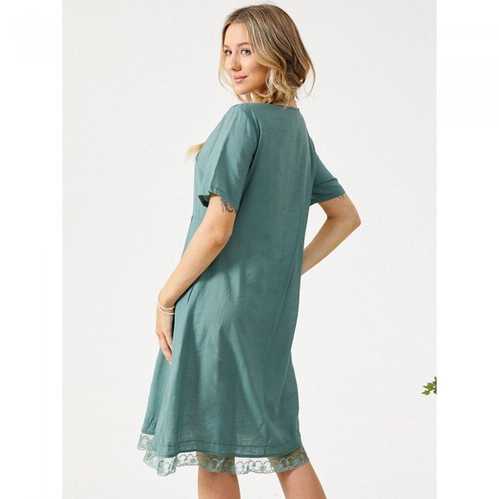 Plain Lace Patchwork Pleated Short Sleeve Casual Midi Dress With Pocket