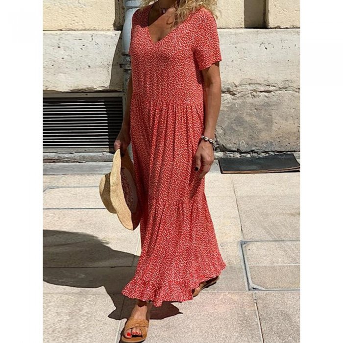 Casual Polka Dot Print V-neck Short Sleeve Loose Dress