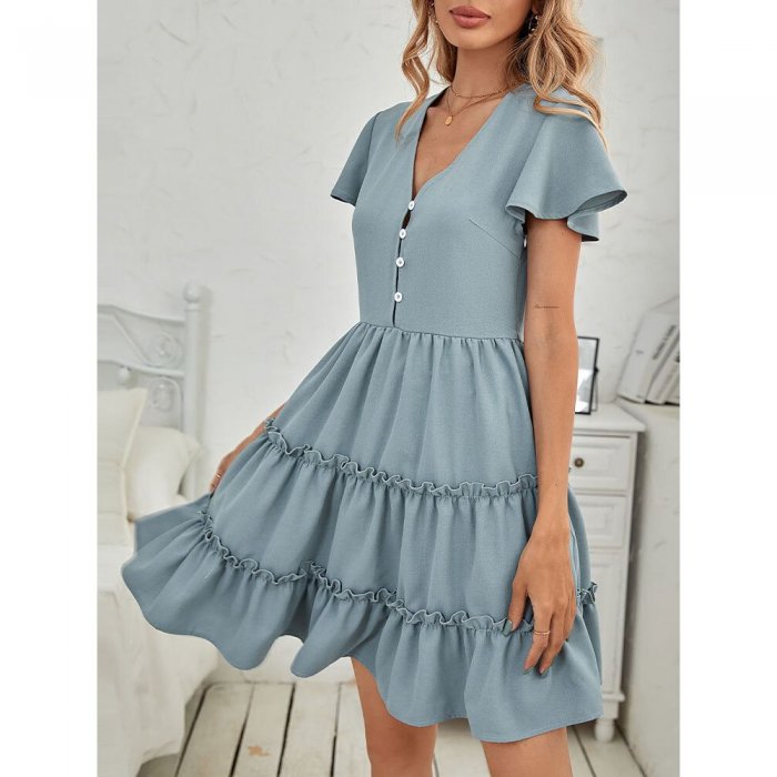 Solid Color V-neck Fungus Button Short Sleeve Casual Dress