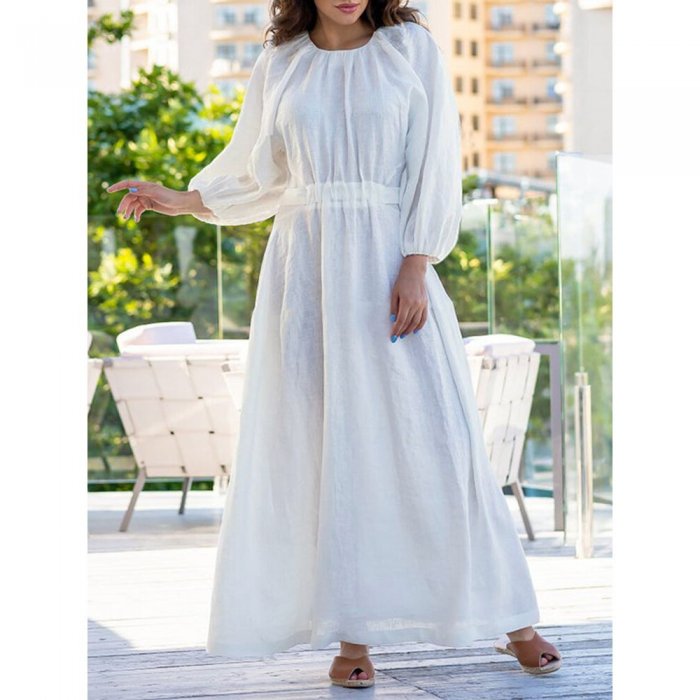 Solid Color O-neck Drawstring Waist Long Sleeve A-Line Cotton Dress