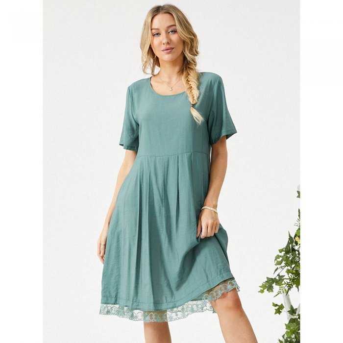 Plain Lace Patchwork Pleated Short Sleeve Casual Midi Dress With Pocket