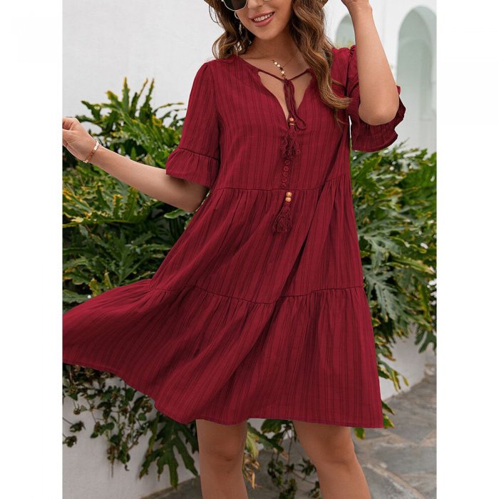 Women Solid V-neck Knotted Button Half Sleeve Casual Dress