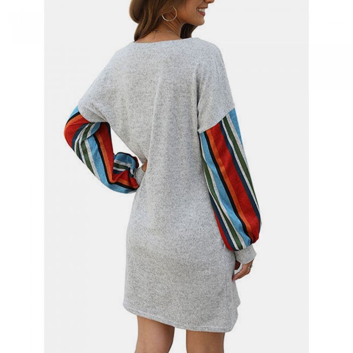 Striped Patch Print Pockets Long Sleeve Casual Dress