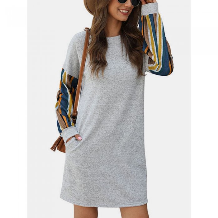 Striped Patch Print Pockets Long Sleeve Casual Dress