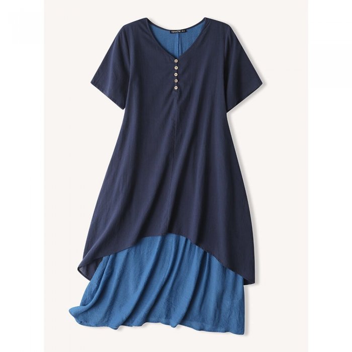 Casual Patchwork Buttons Short Sleeve V-neck Dress for Women