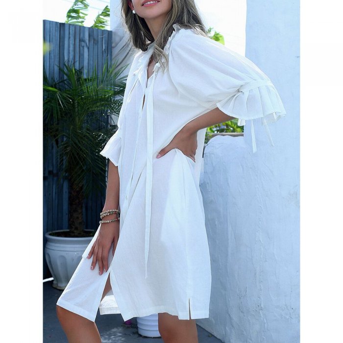 Solid Pleated O-neck Half Sleeve Button Knotted Casual Dress