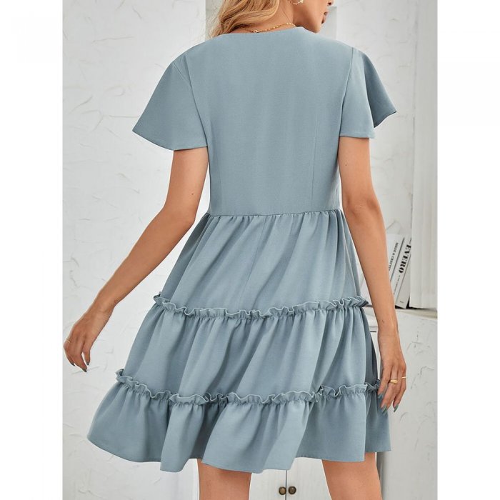 Solid Color V-neck Fungus Button Short Sleeve Casual Dress