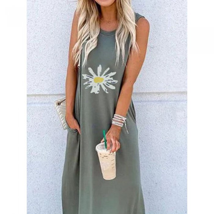 Flower Print Sleeveless Casual Maxi Dress For Women