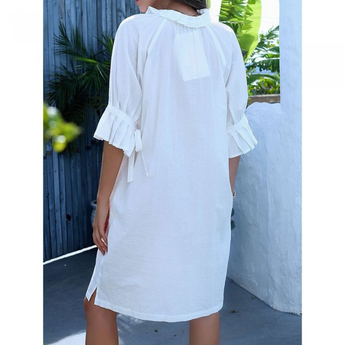 Solid Pleated O-neck Half Sleeve Button Knotted Casual Dress