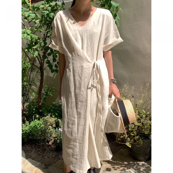 Solid Color Bandage Short Sleeve Casual Maxi Dress For Women