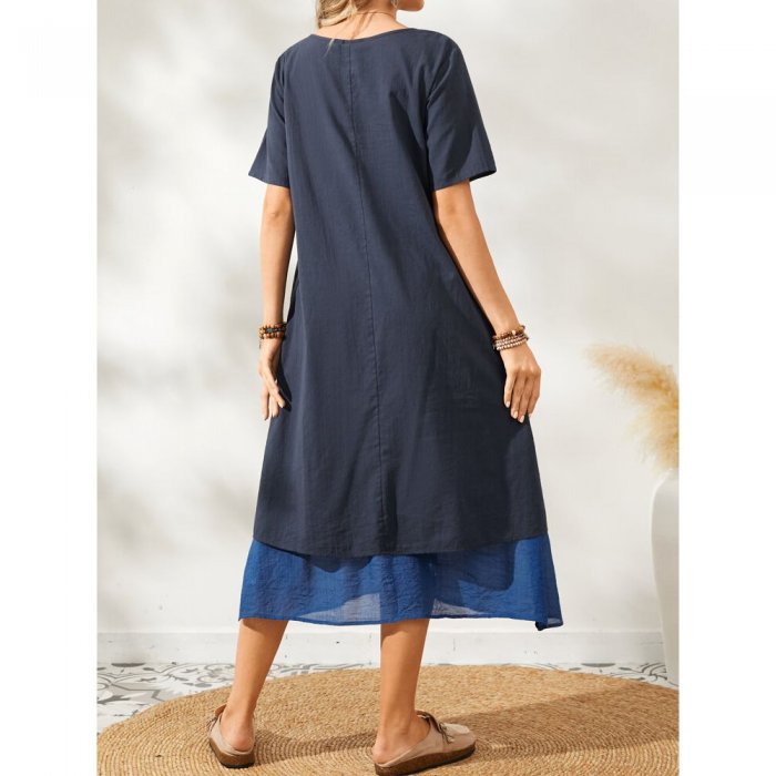 Casual Patchwork Buttons Short Sleeve V-neck Dress for Women